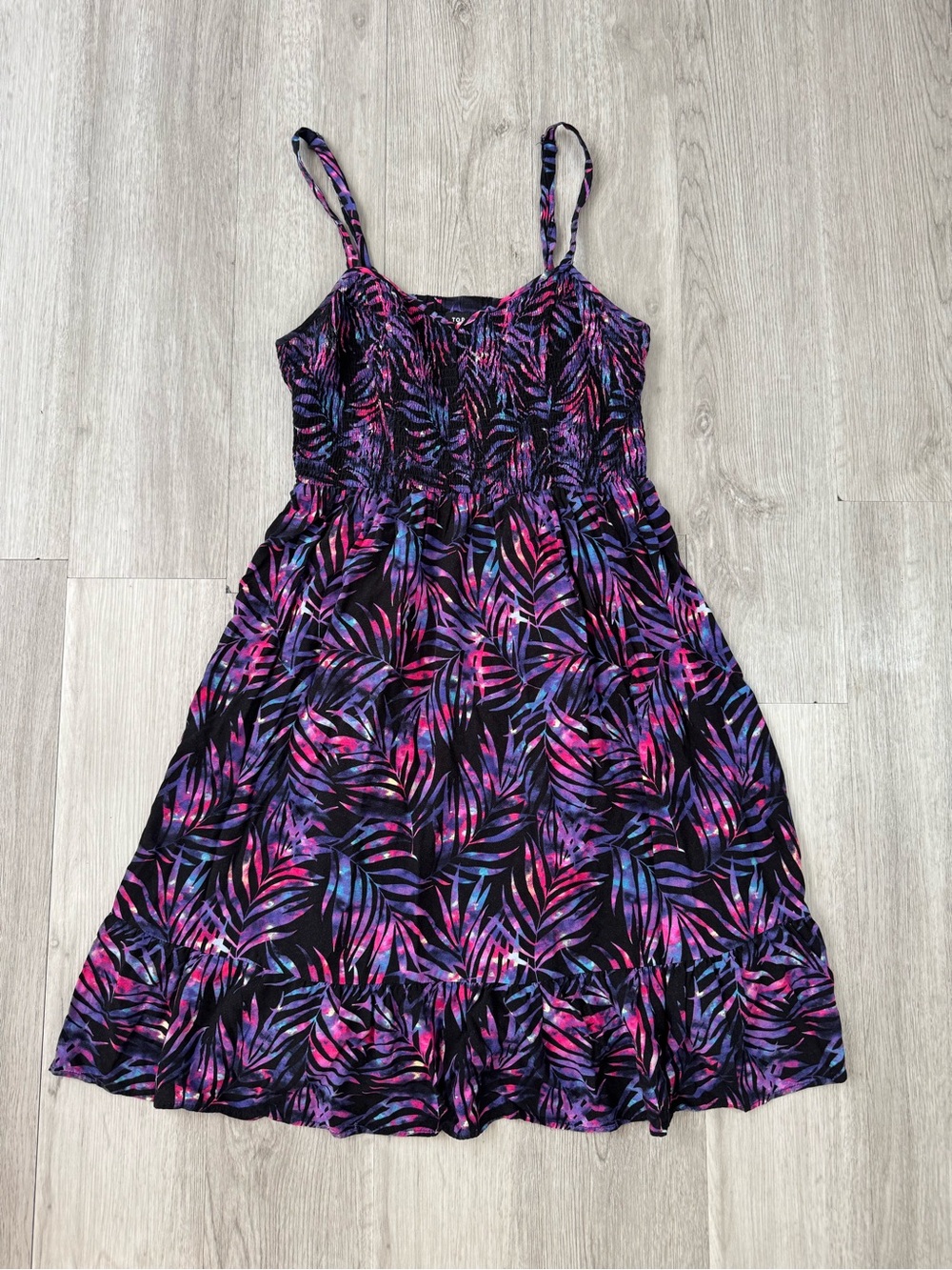 Torrid Dress 1X Mini Challis Smocked Skater Purple Palm Ruffle Hem Boho Beachy.